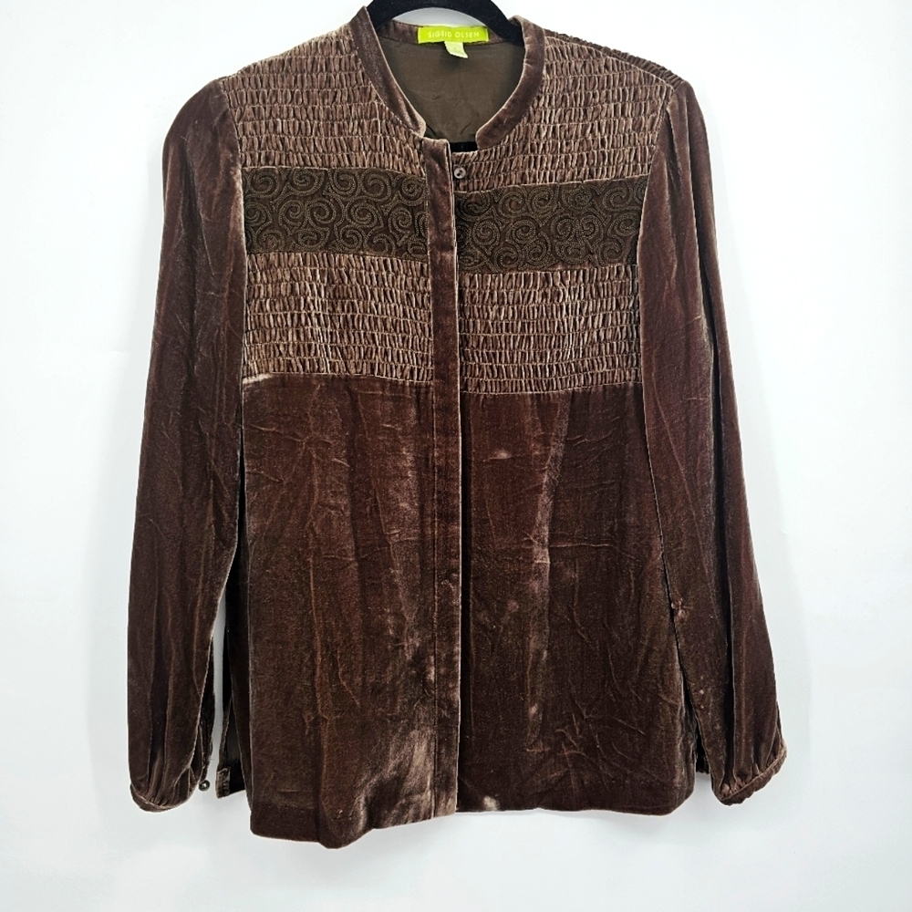 Sigrid Olsen Velvet Silk Blouse Women’s Size 2 / Small Green‎ Olive Long Sleeve